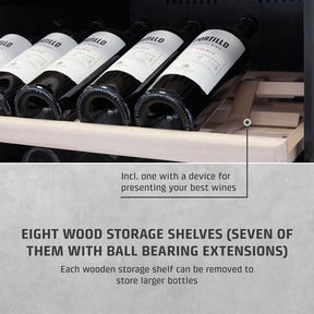 Wine cooler with wooden shelves and wine bottles, presentation of wines, storage
