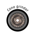 Cone coffee grinder, top view, spiral blades, black background, text