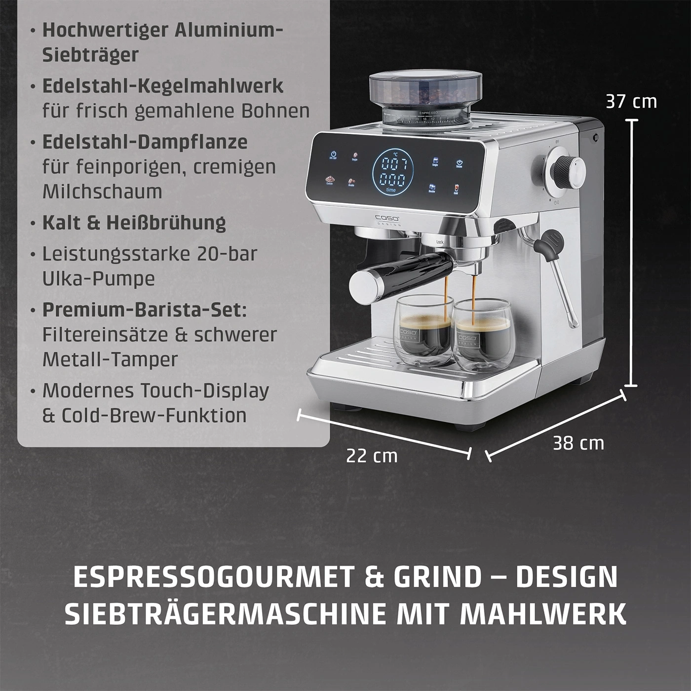 Espressomaschine mit Siebträger, Mahlwerk und Touch-Display