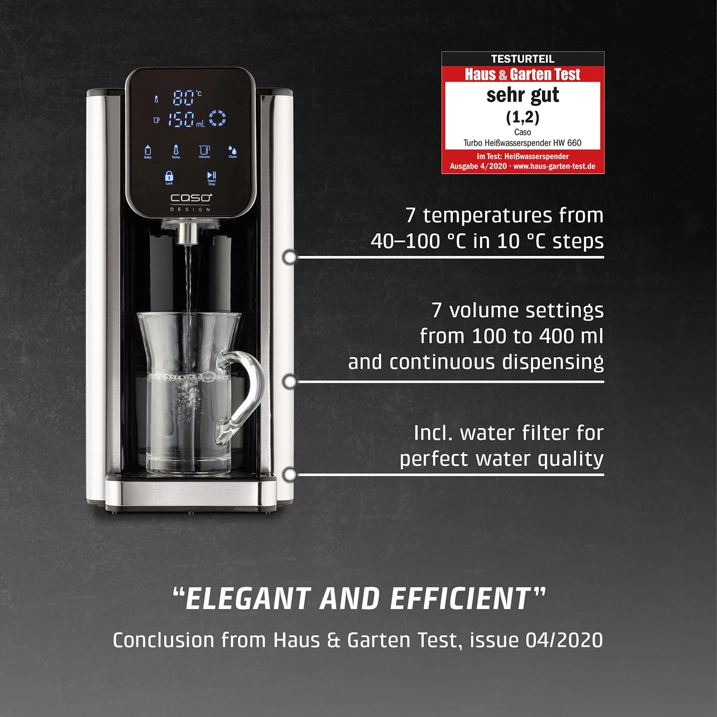 A water dispenser with a digital display and glass.