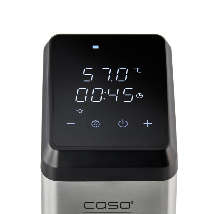 Digital display showing temperature and time, Caso device, stainless steel, black