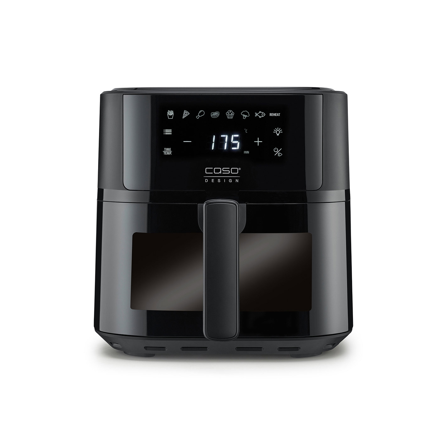 Black air fryer with digital display and handle, kitchen appliance.