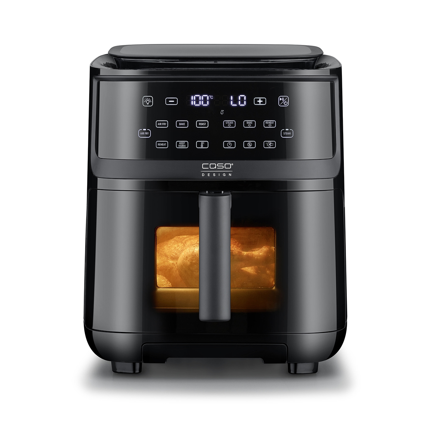 Black air fryer with control panel, bake, roast, steam, reheat, keep warm options.