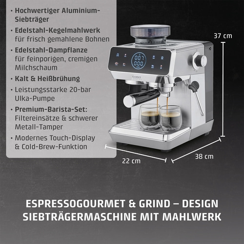 Espressomaschine mit Siebträger, Mahlwerk und Touch-Display