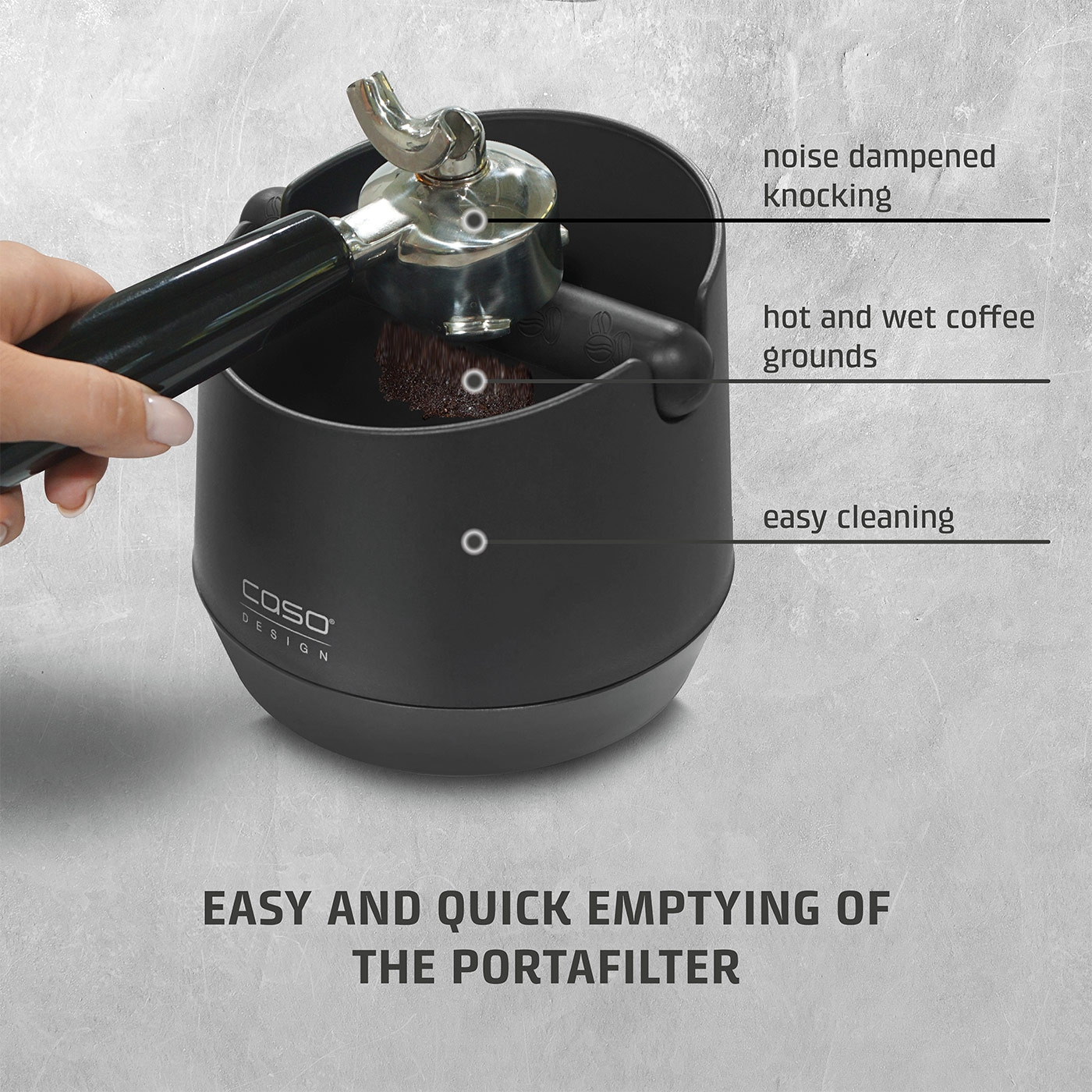 Coffee machine features: noise reduction, easy cleaning, quick emptying of the portafilter.