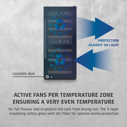 Wine cooler with active fans, UV protection, and a lockable door.