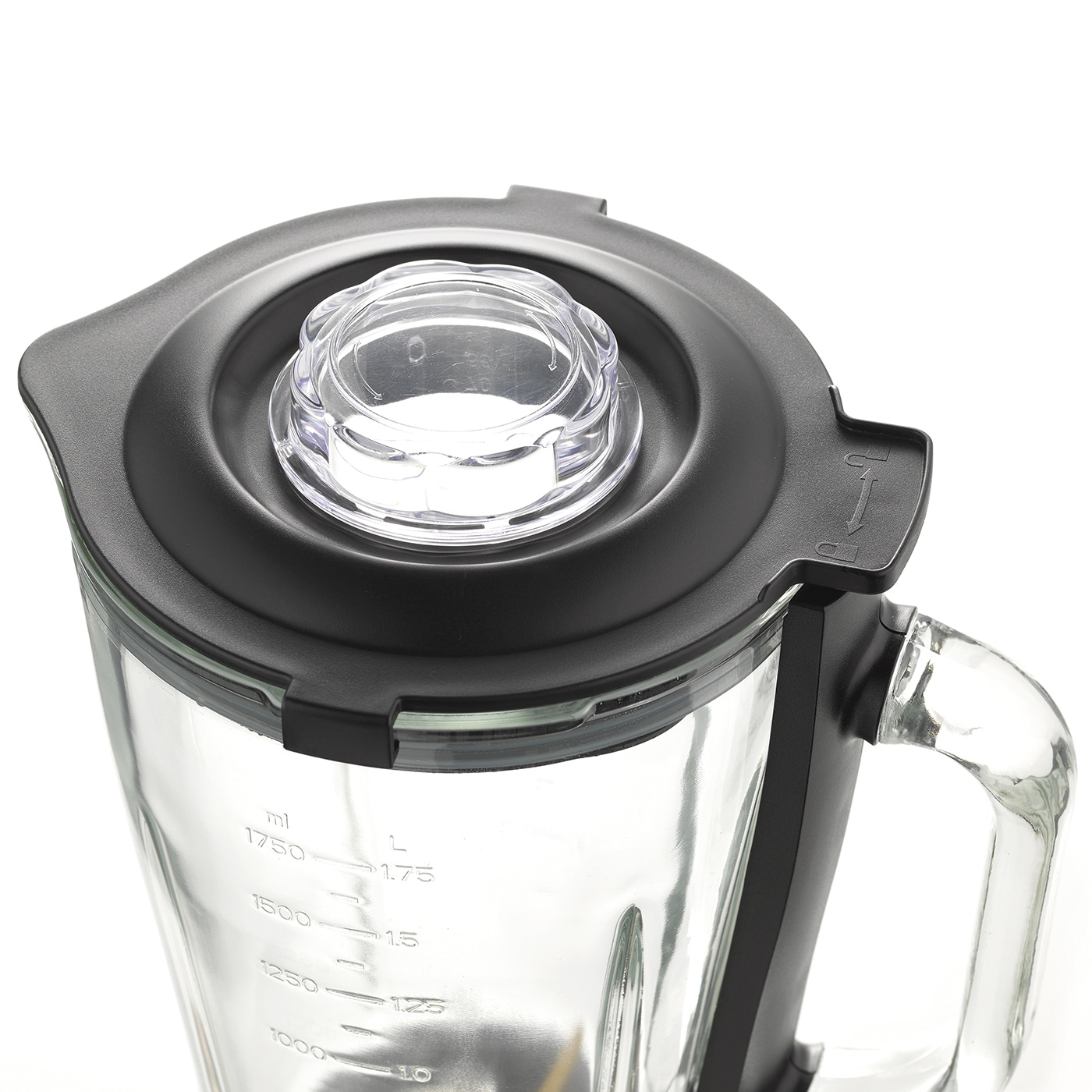 Close-up of a blender with lid and liquid measurement scale