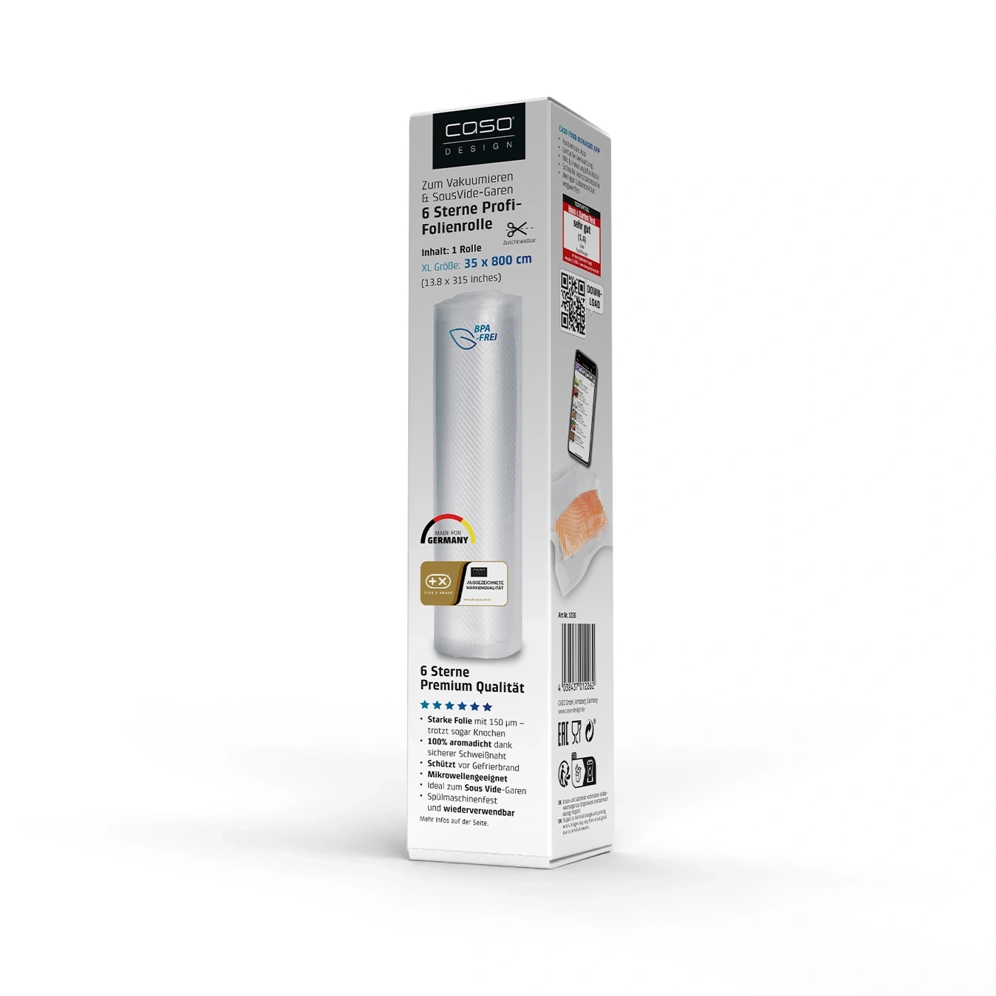 A roll of vacuum sealing film from the CASO Design brand, 6-star premium quality, BPA-free, made in Germany.