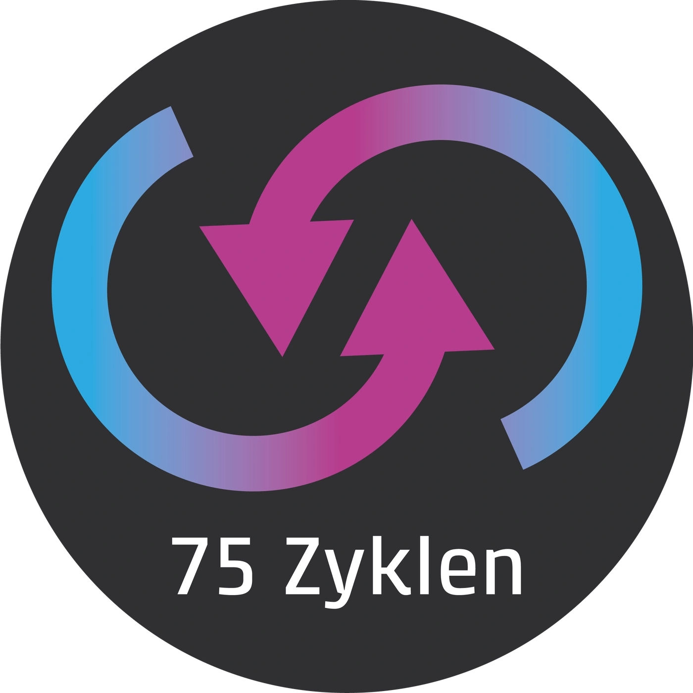 Kreisförmiges Logo mit Pfeilen und der Aufschrift 75 Zyklen in Weiß auf Schwarz