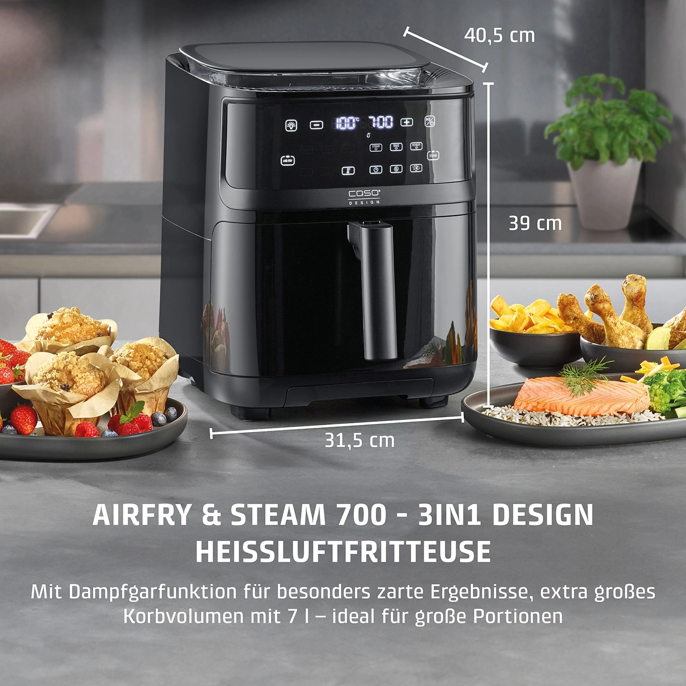 Schwarze Heißluftfritteuse mit Essen, Abmessungen und Text. Airfry & Steam 700.