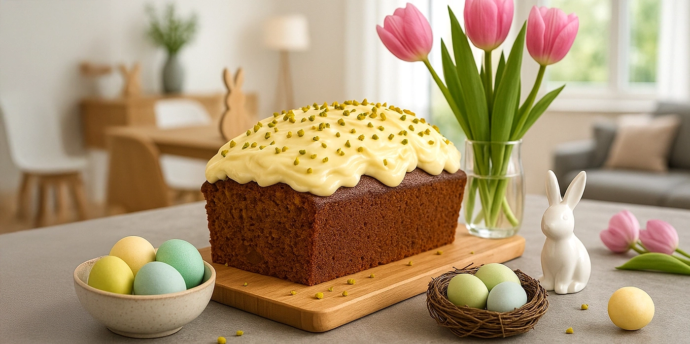 Osterkuchen mit Eiern, Tulpen und Hasen auf einem Tisch dekoriert.