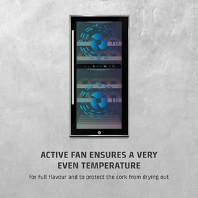 Wine cooler with active fans, temperature display, and text about aroma and protection.