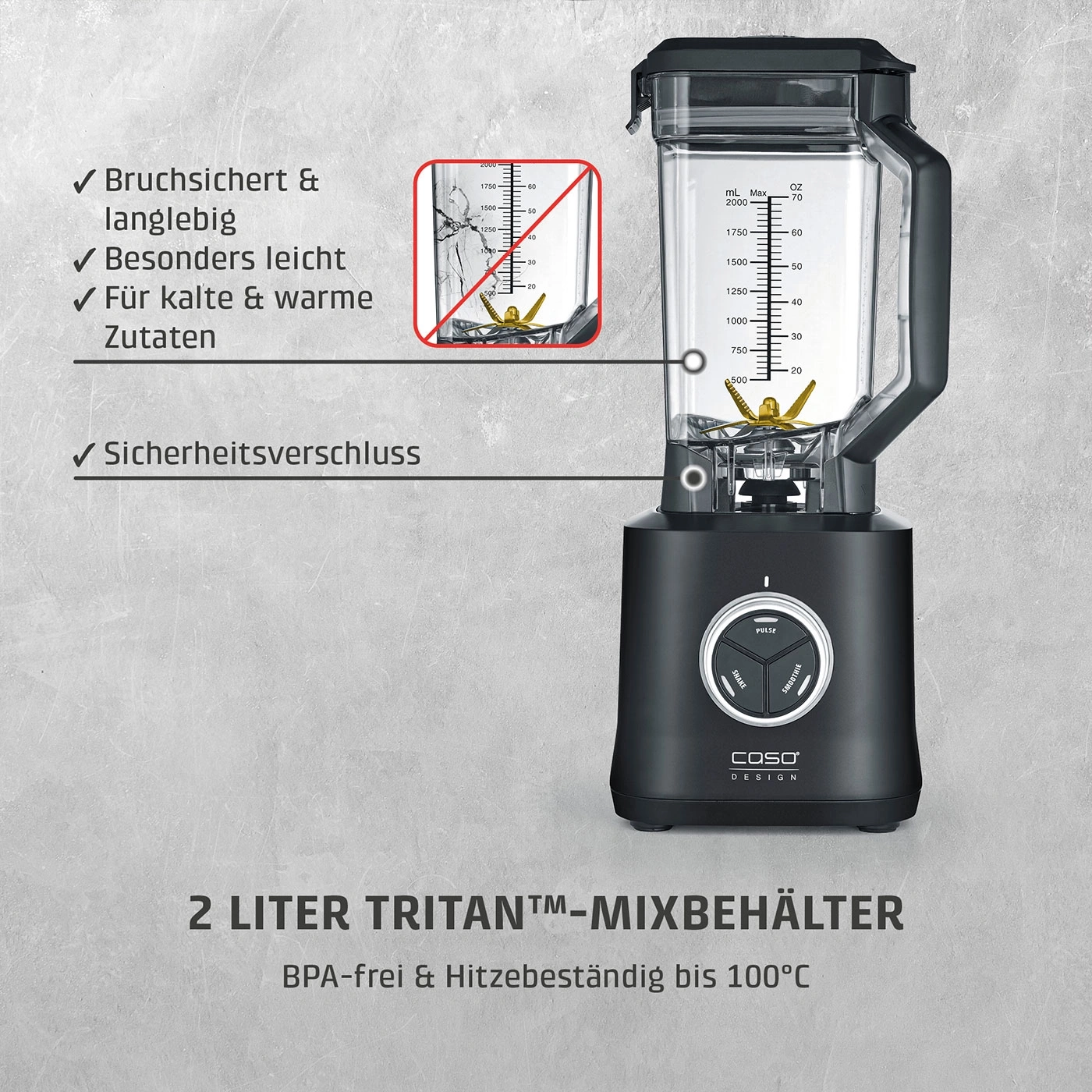 Ein schwarzer Hochleistungsmixer mit einem 2-Liter-Tritan-Mixbehälter.