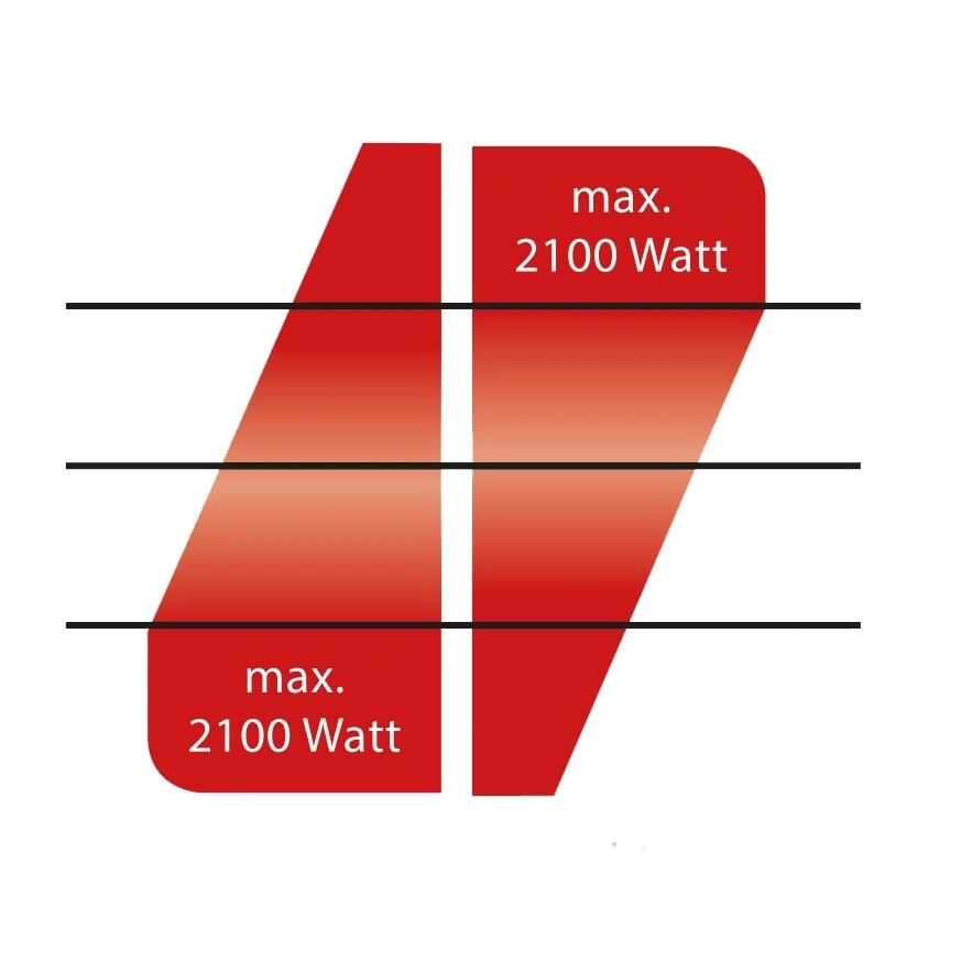Red diagram with text: max. 2100 Watt, three horizontal lines, white background.