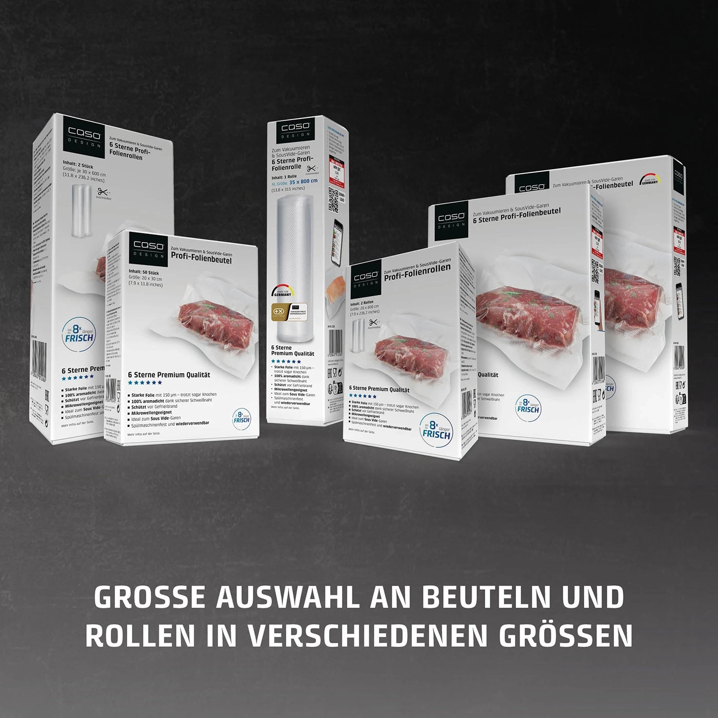 Verschiedene Vakuumierbeutel und -rollen der Marke COSO mit Betonung auf "6 Sterne Profi-Folienqualität".