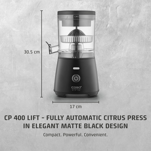 Citrus juicer, black, 30.5 cm high, 17 cm wide, CP 400 LIFT, Caso Design, compact, powerful, comfortable.