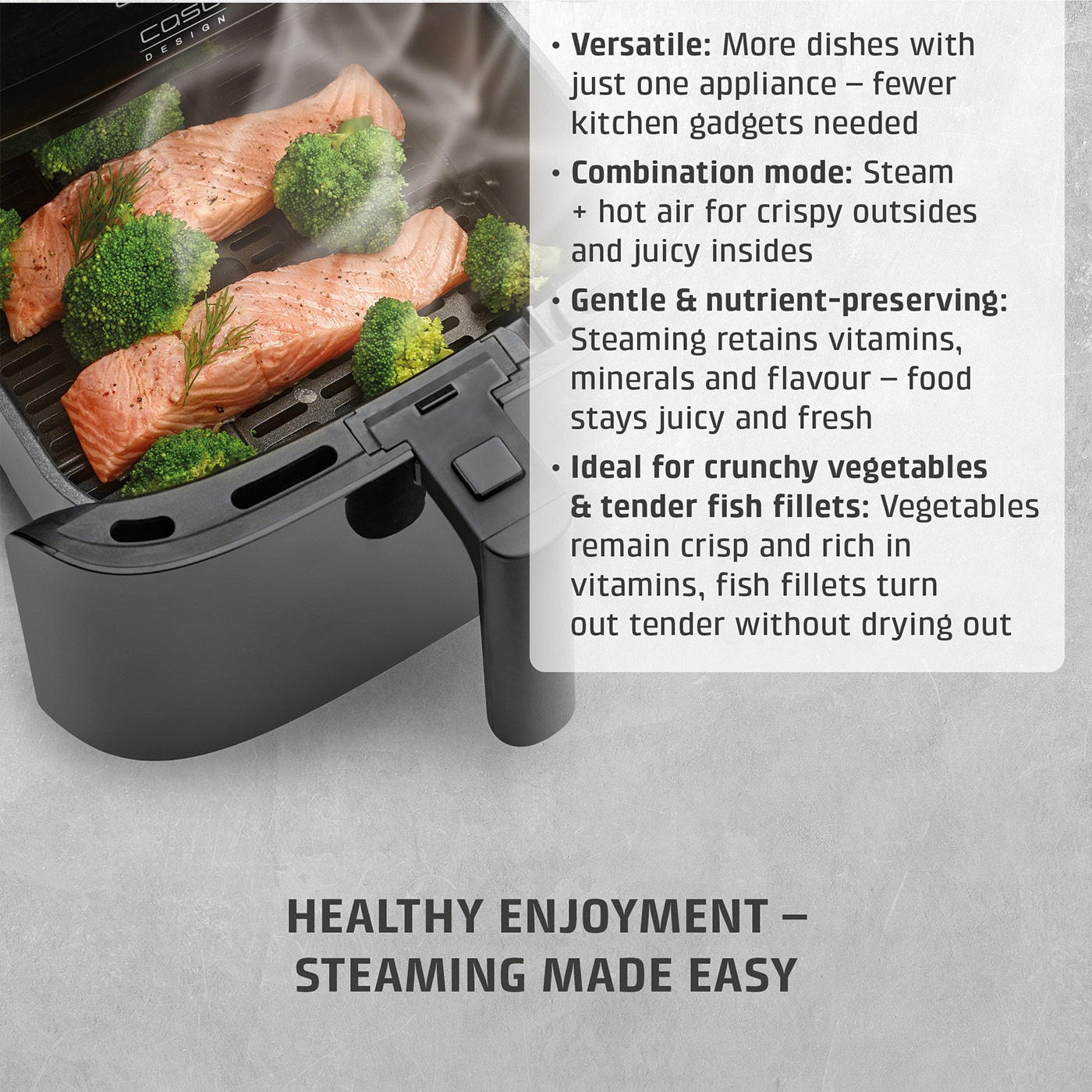 Healthy cooking with steamer: fish and vegetables, crispy and juicy, made easy.