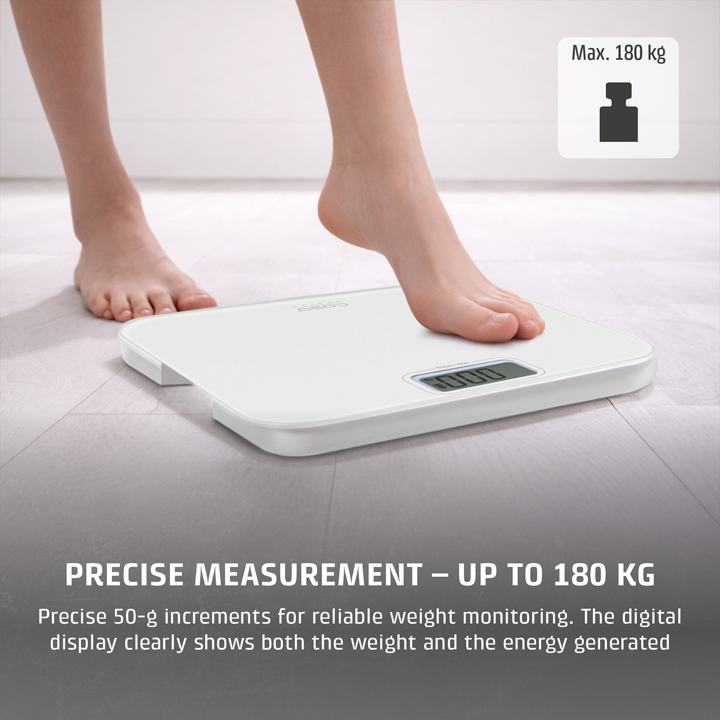 A person is weighing themselves on a digital bathroom scale.