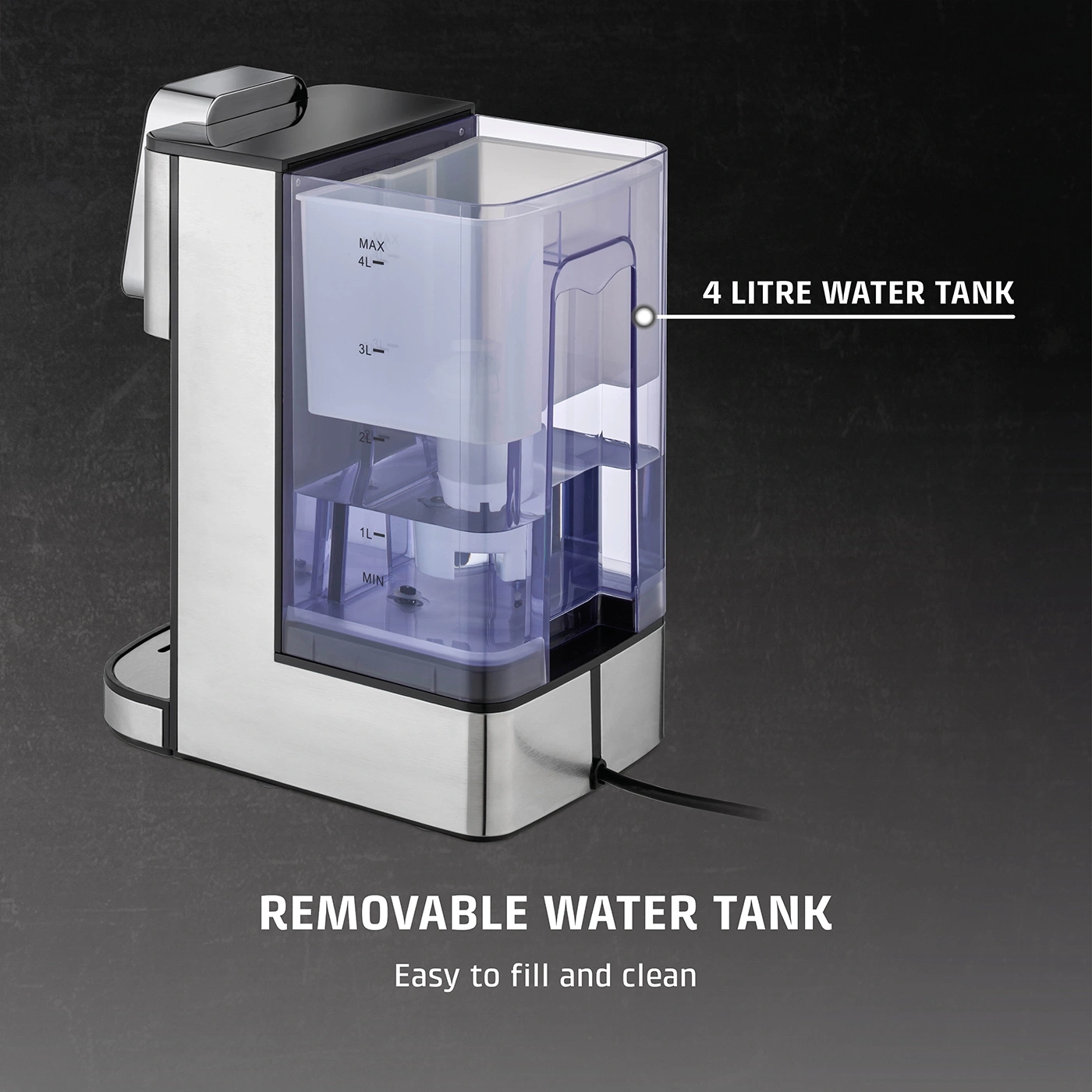 Coffee machine with removable water tank, 4 liters, easy to fill and clean.
