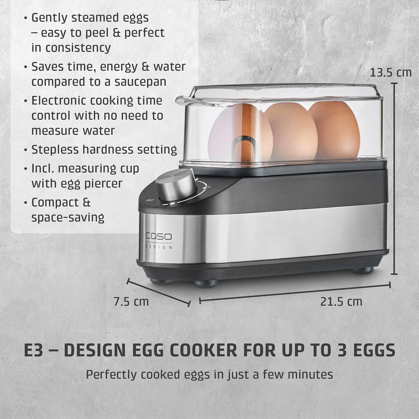 An egg cooker for up to 3 eggs with measuring cup and egg piercer.