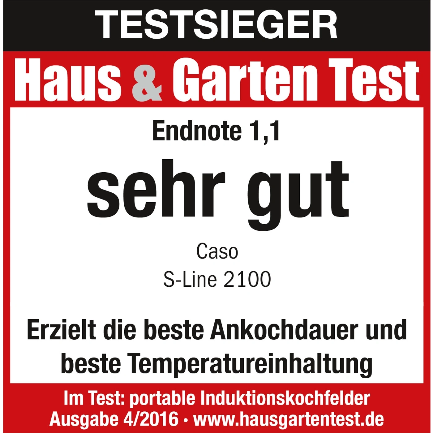 Testsieger Haus & Garten Test, Endnote 1,1, sehr gut, Caso S-Line 2100, beste Ankochdauer und Temperatureinhaltung