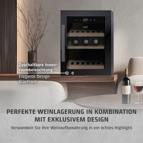 Wine cooler with elegant design, glass front, and interior lighting. Perfect wine storage.