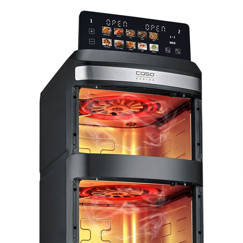 A modern black double air fryer oven with illuminated controls and heating elements.