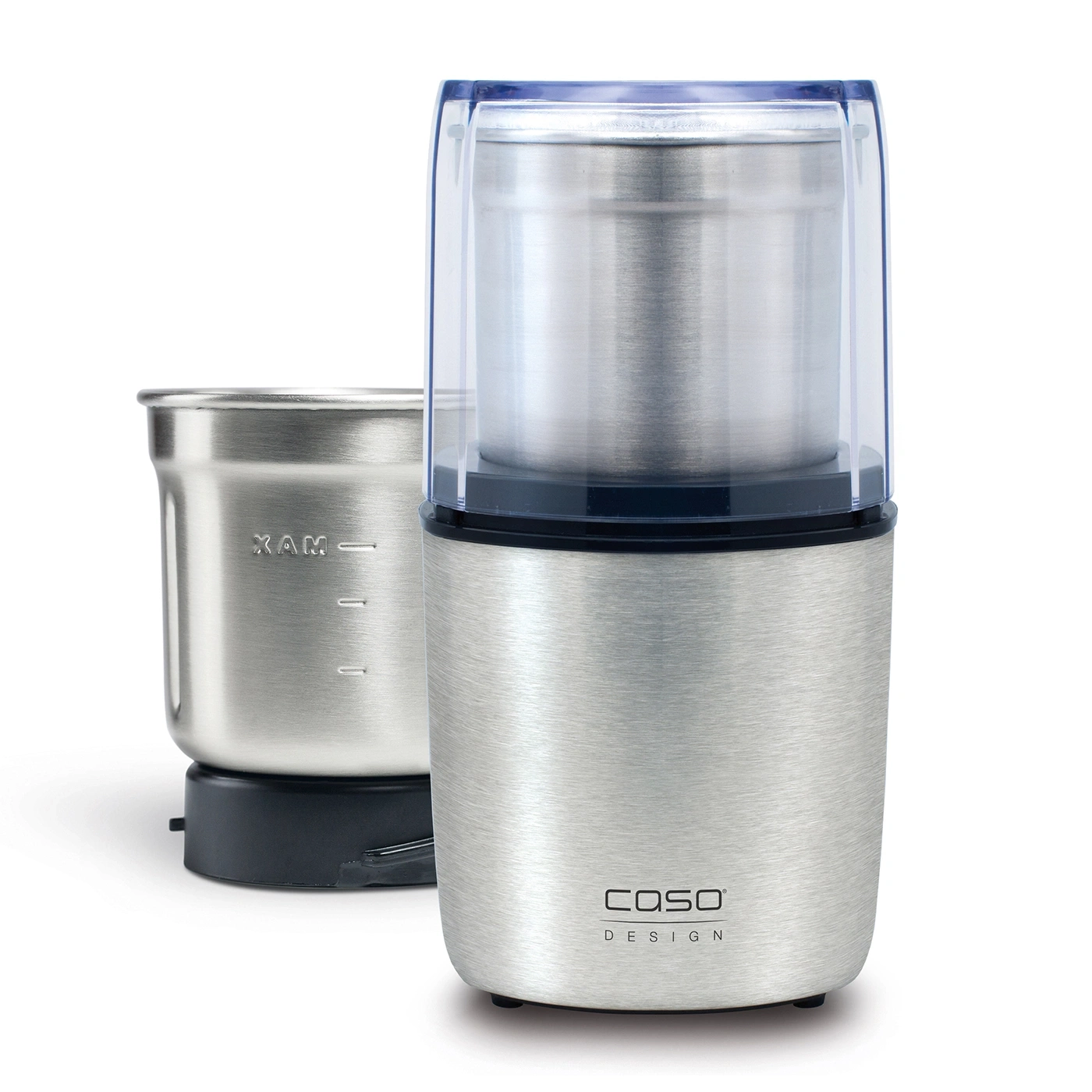 Coffee grinder with stainless steel housing and transparent lid, next to a container.