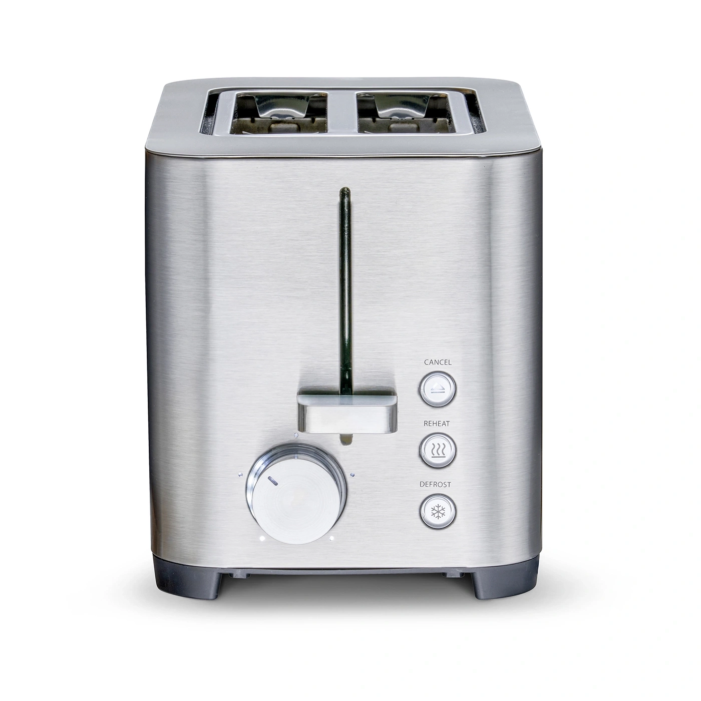 Silver toaster with buttons and a dial to adjust the browning level of the bread.
