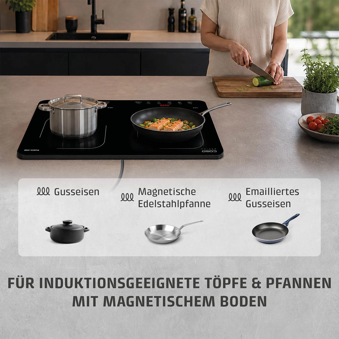 Induktionskochfeld mit verschiedenen Kochgeschirren und der Aufschrift "FÜR INDUKTIONSGEEIGNETE TÖPFE & PFANNEN MIT MAGNETISCHEM BODEN"