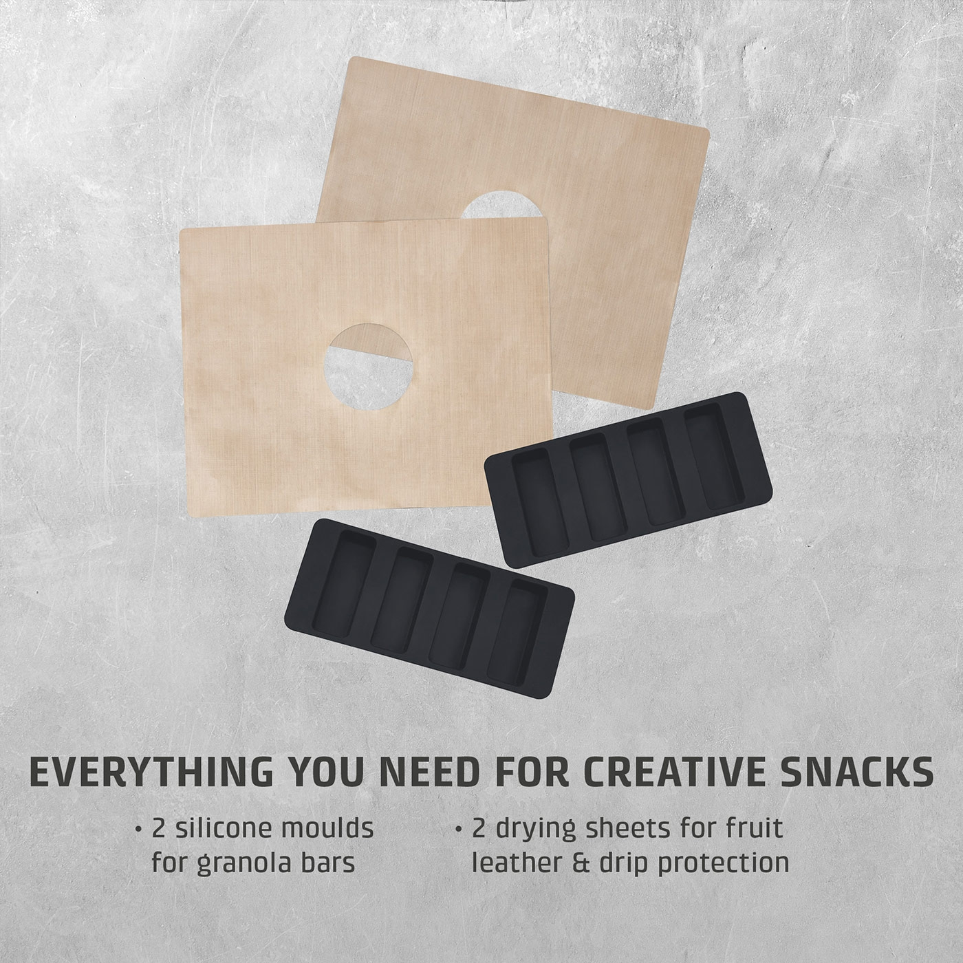 Everything for creative snacks: silicone molds and drying sheets for muesli bars and fruit leather.