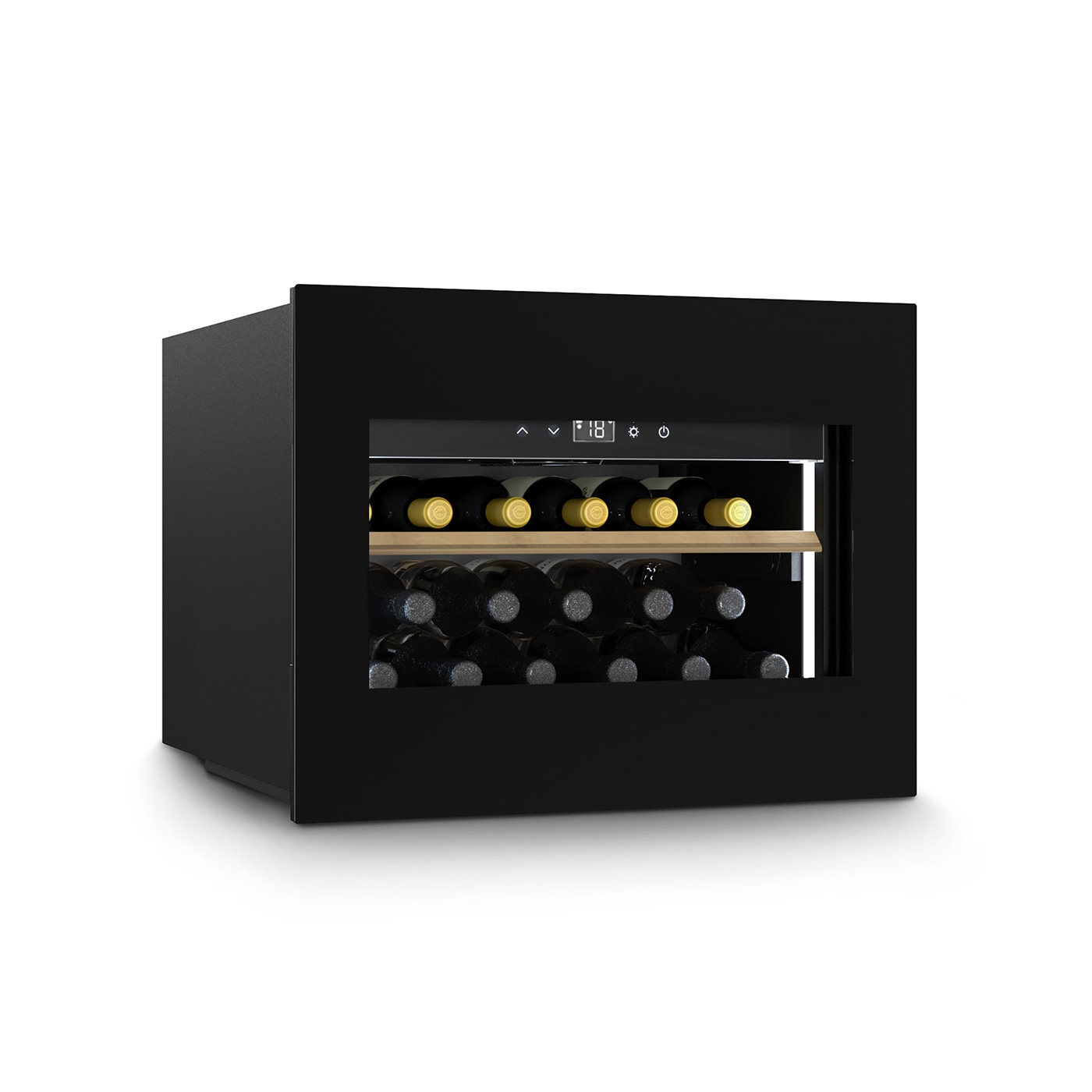 Black wine cooler with temperature display and wine bottles inside the fridge.