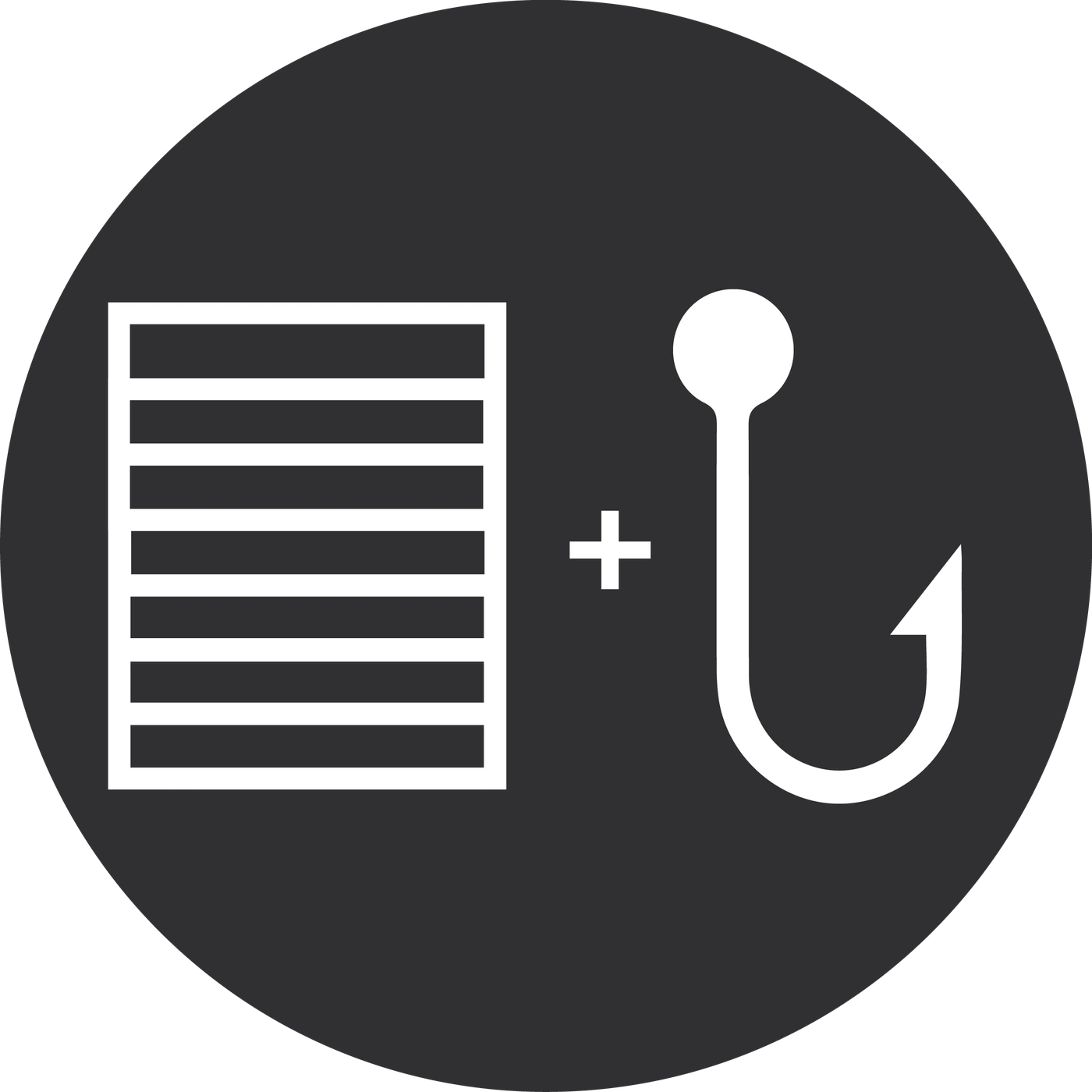Symbol of notepad, hook, and plus sign inside a circle