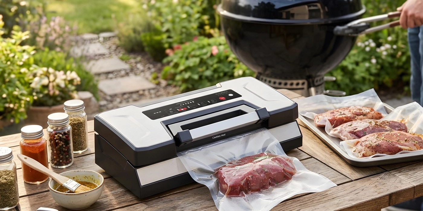 Vakuumierer bereitet Fleisch für Grill vor, Gewürze und Grill im Hintergrund