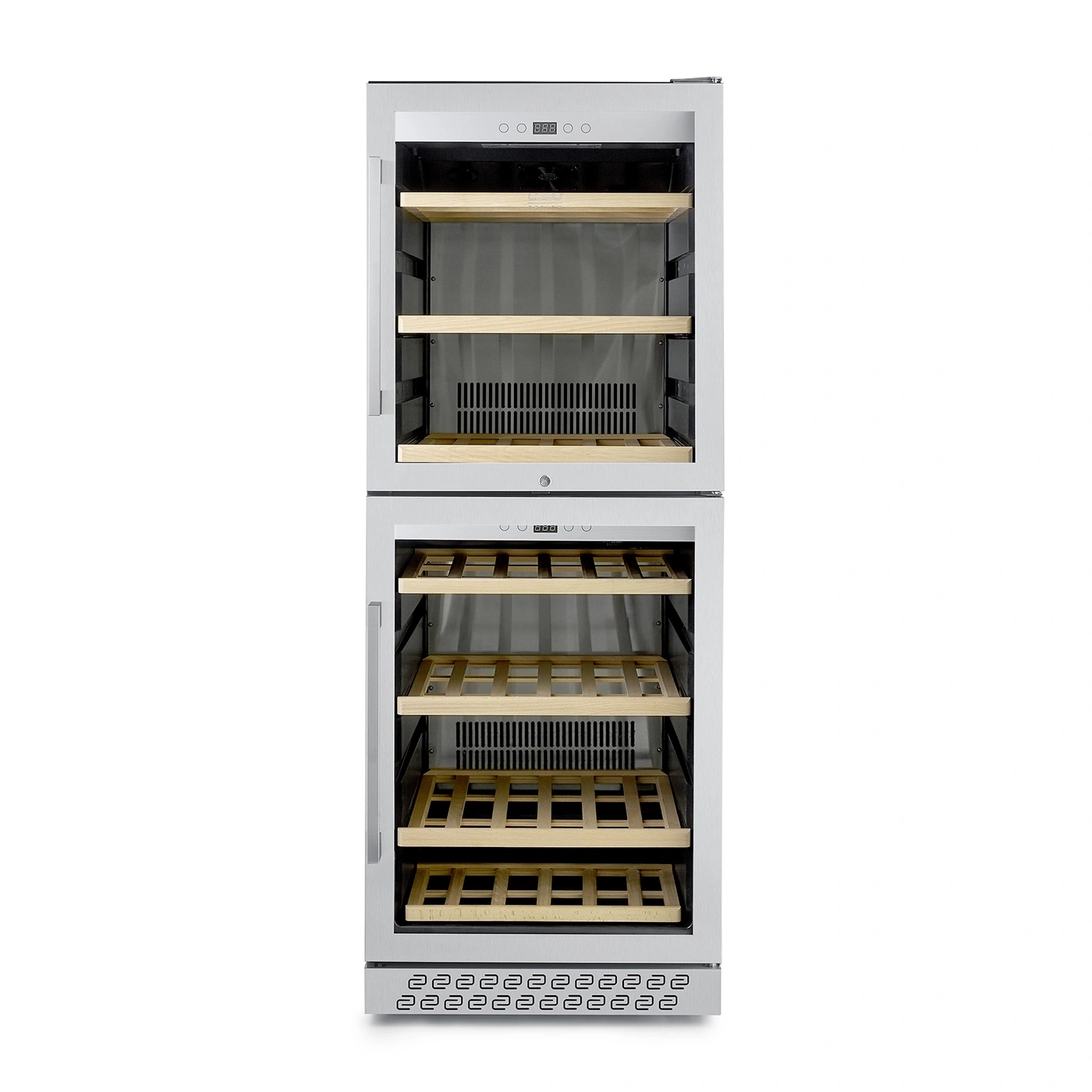 A silver refrigerator with two doors and wooden shelves.