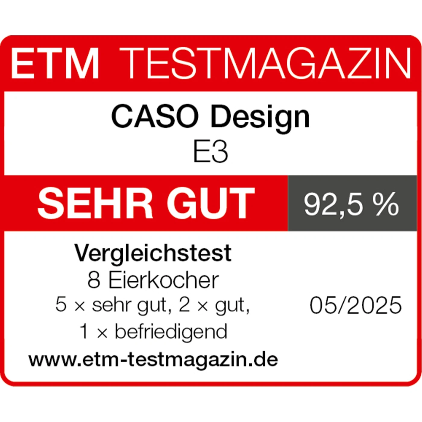 ETM Testmagazin Bewertung: CASO Design E3, Note: Sehr Gut, 92,5%, Test 05/2025
