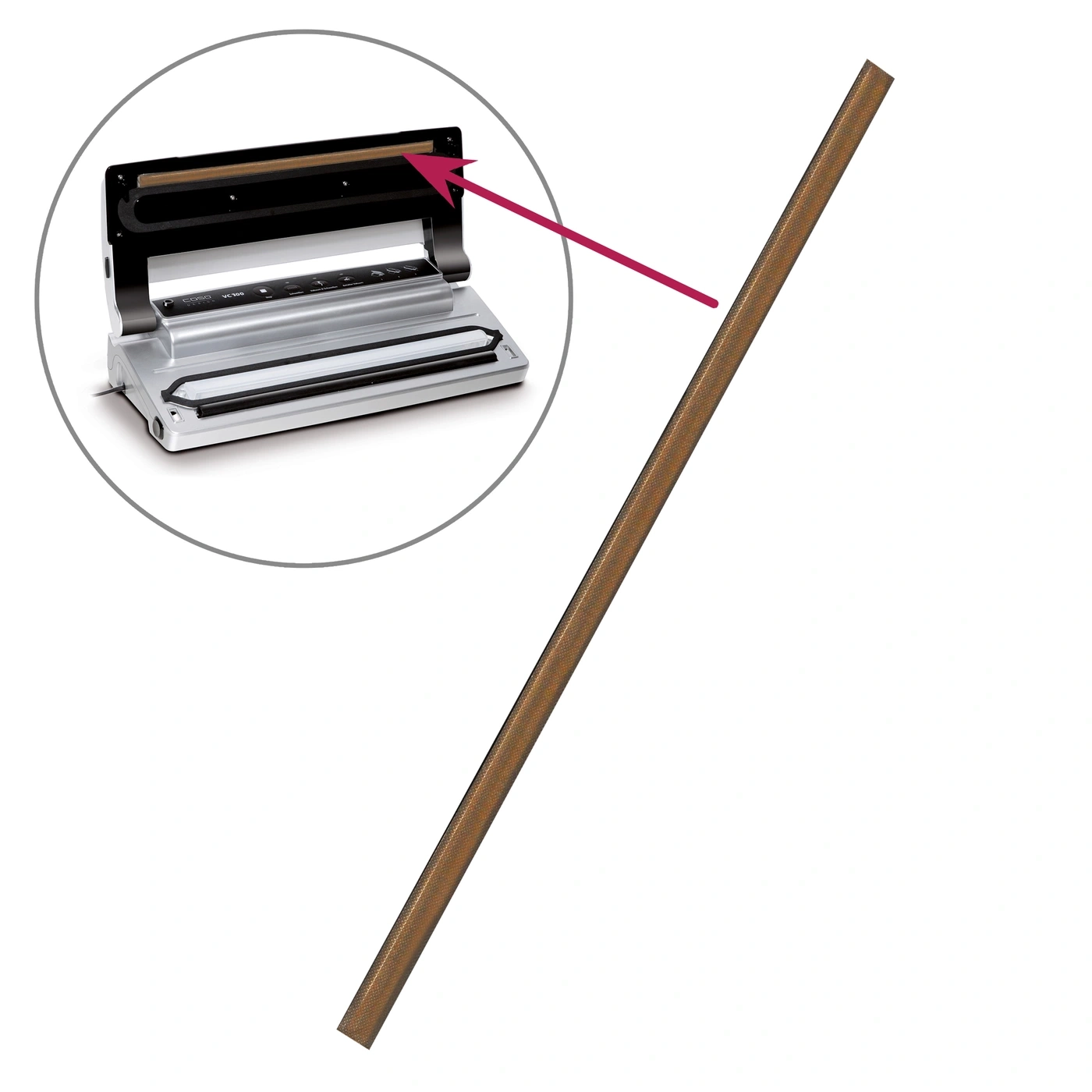 Brown strip pointing to a vacuum sealer, isolated on a white background.