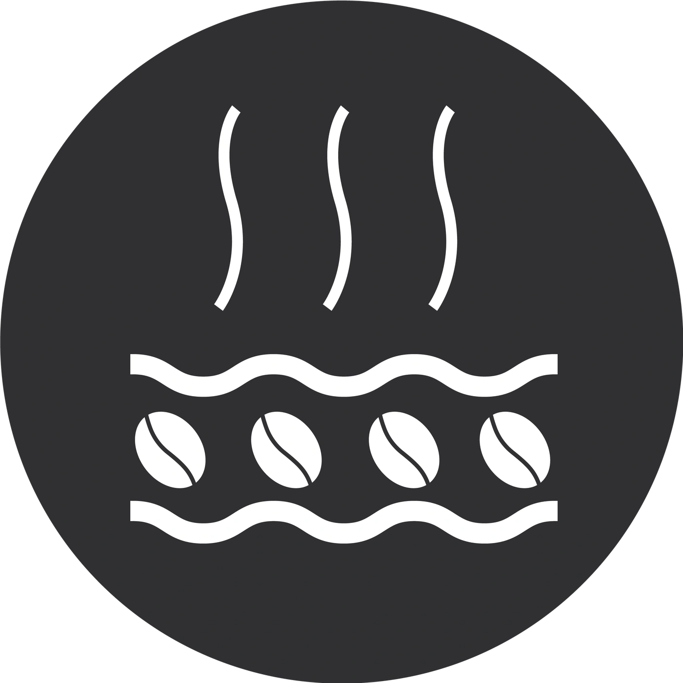 Kaffeebohnen mit Dampf in einem dunklen Kreis, Symbol für Kaffee