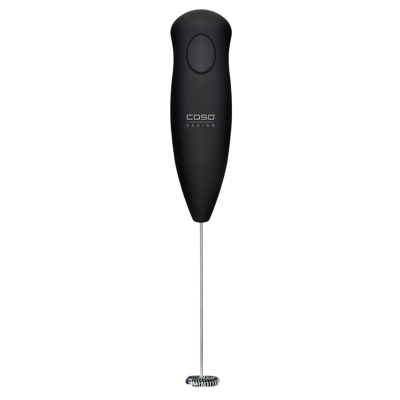 Black milk frother with logo and button on a white background.