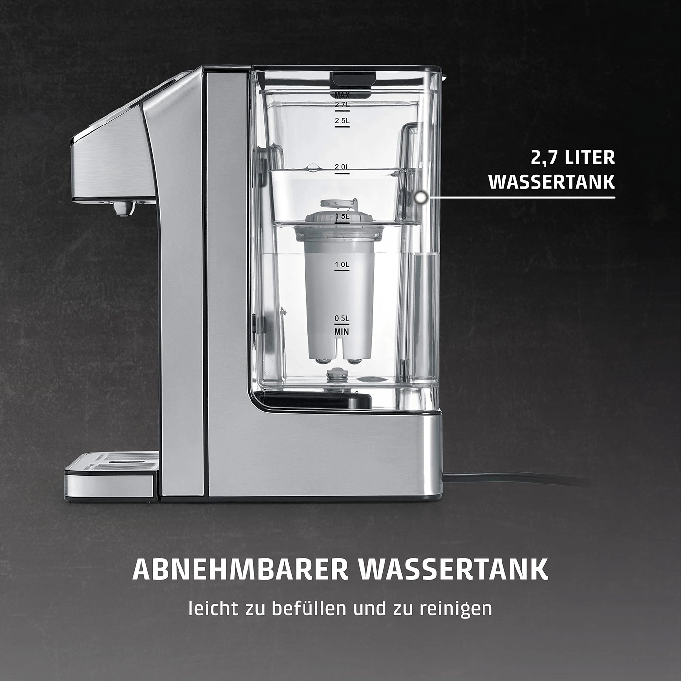 Kaffeemaschine mit abnehmbarem Wassertank, 2,7 Liter, leicht zu befüllen und zu reinigen.