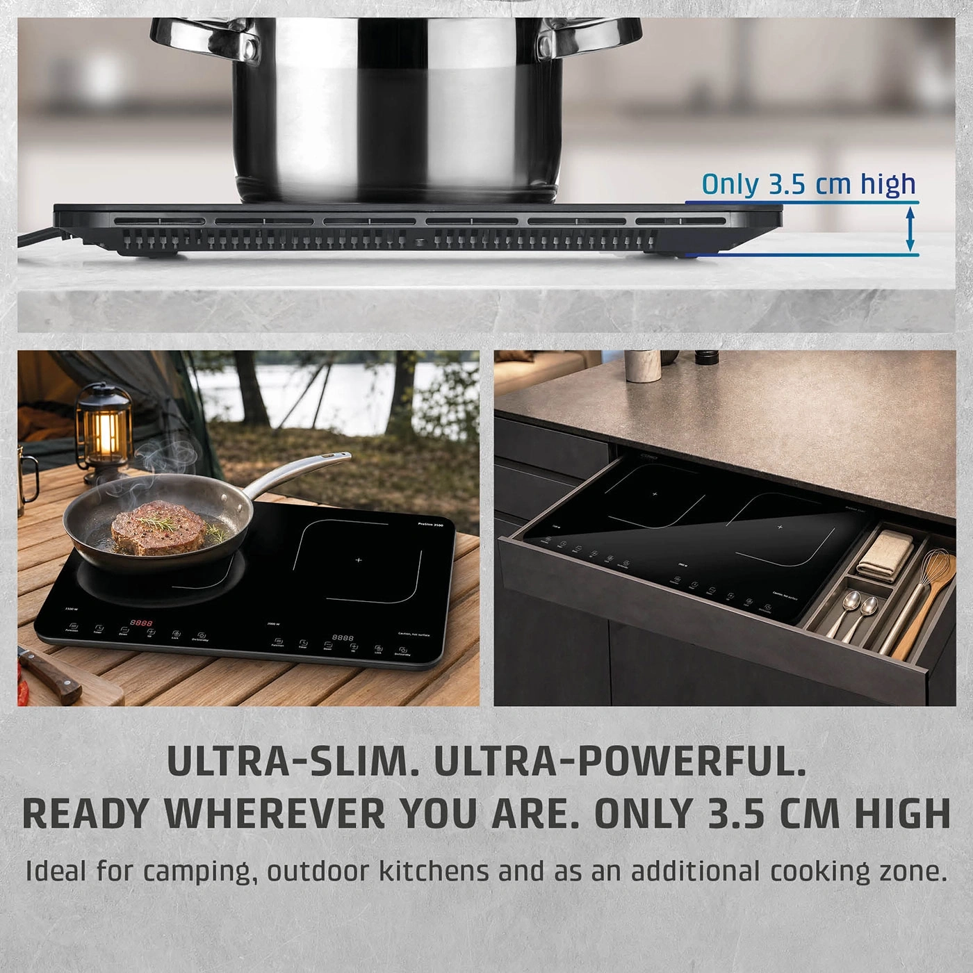 An ultra-flat black glass induction hob is shown on a wooden outdoor table.