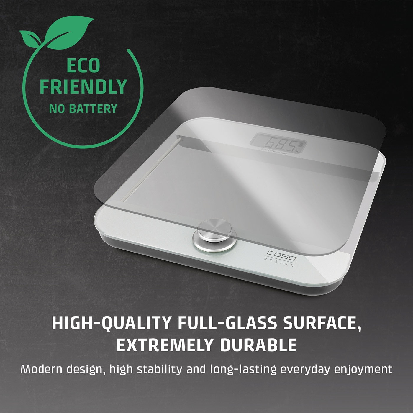 Digital scale with glass surface and "Eco Friendly" logo.
