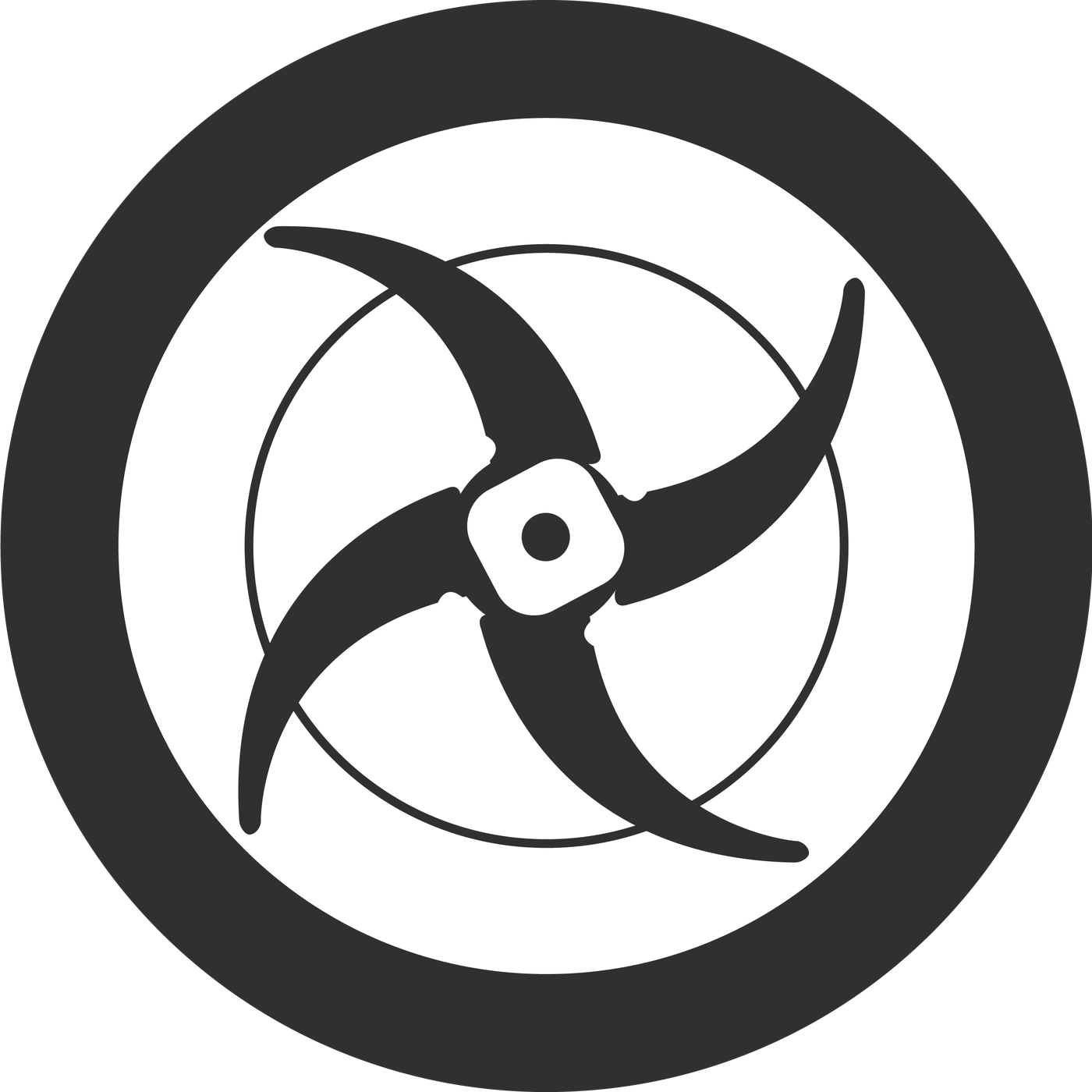 Kreisförmiges Logo mit Propeller-Design in Schwarz und Weiß auf schwarzem Hintergrund.