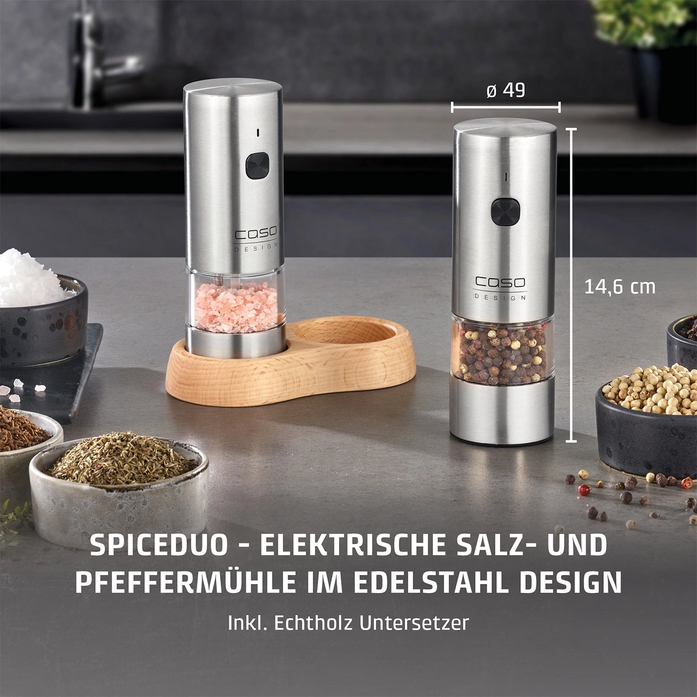 Elektrische Salz- und Pfeffermühle im Edelstahl Design mit Holzuntersetzer