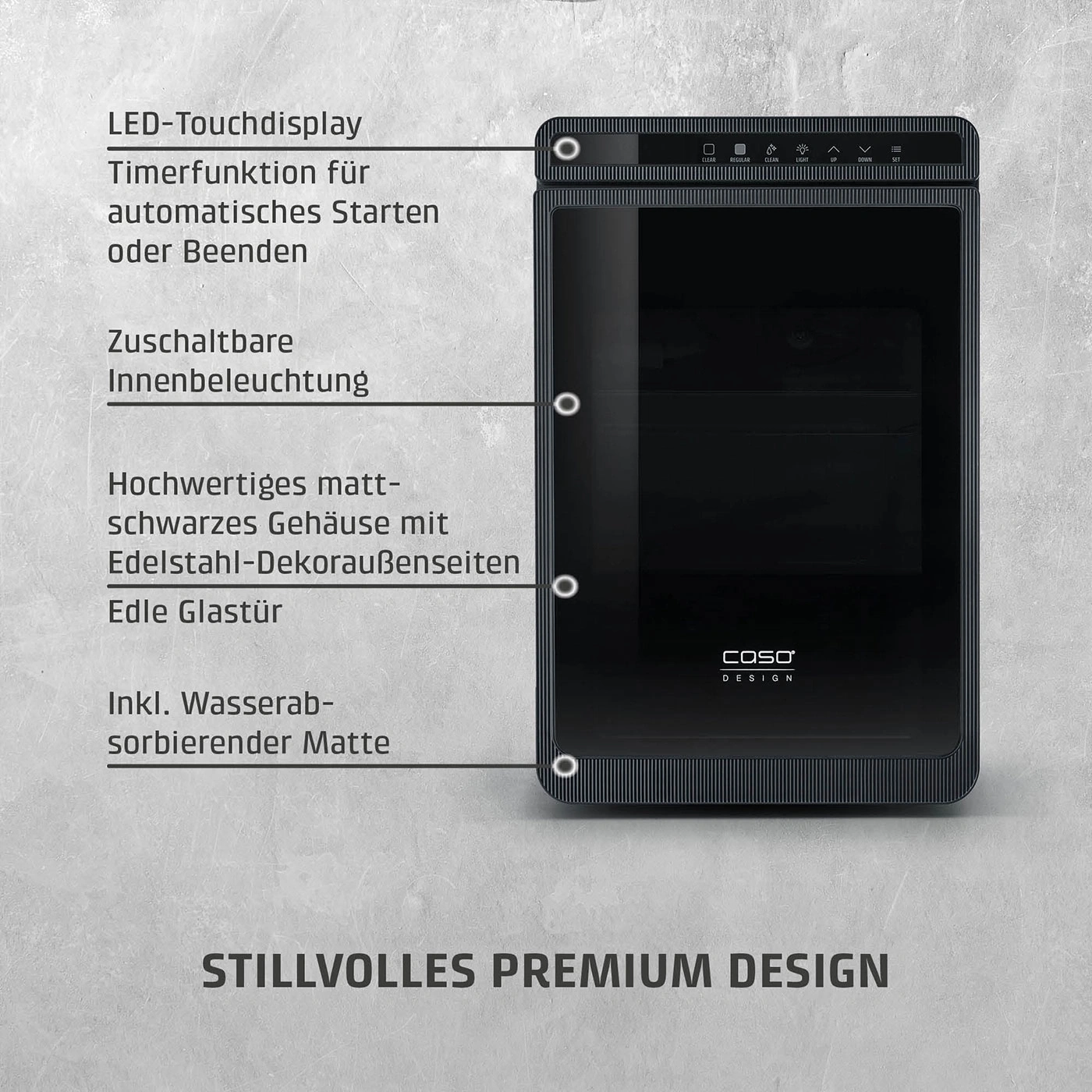 Edles schwarzes Weinkühlschrank mit Edelstahl-Dekor und Glasfront.
