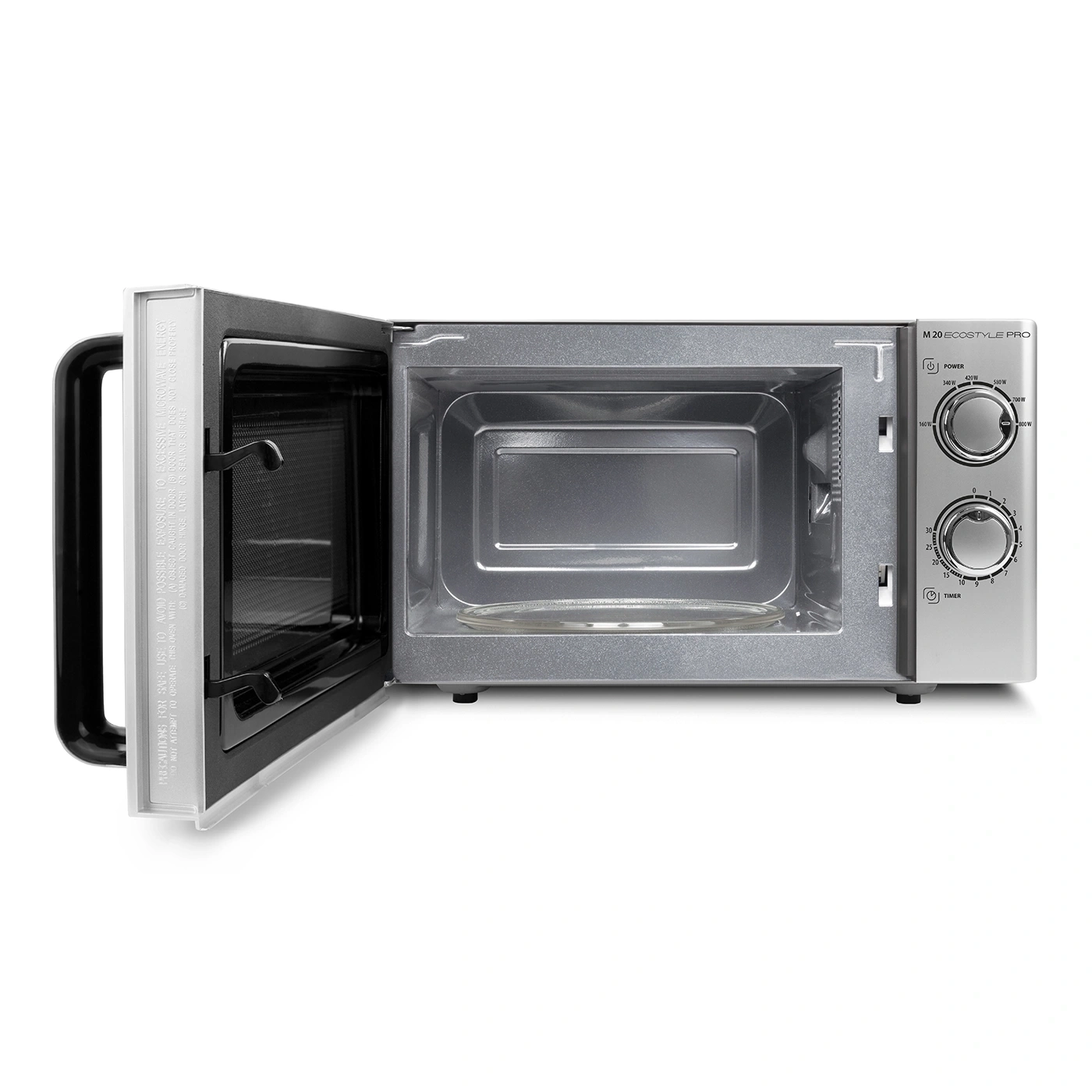 Microwave with open door, control panel, and glass plate inside.