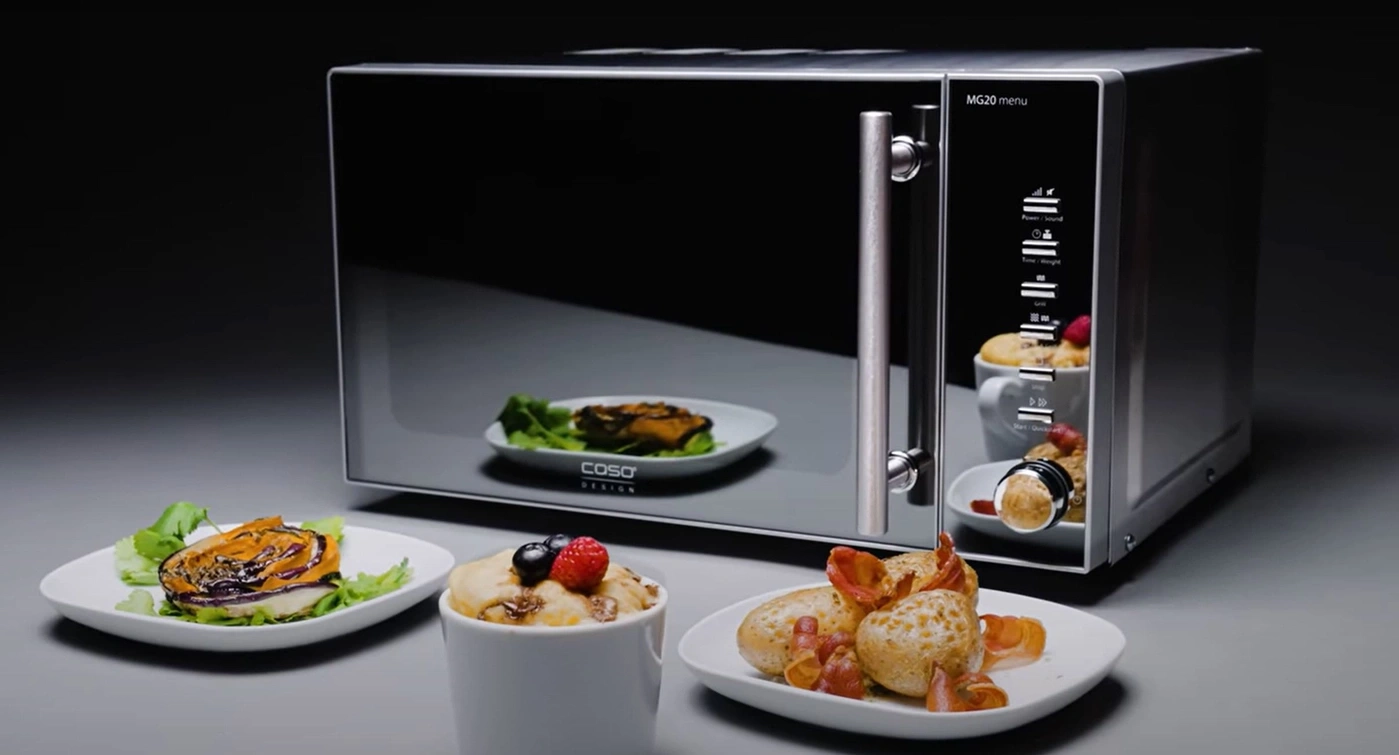 Microwave with food, plates, berries, kitchen, cooking, meal, dish, design, oven, appliance, food