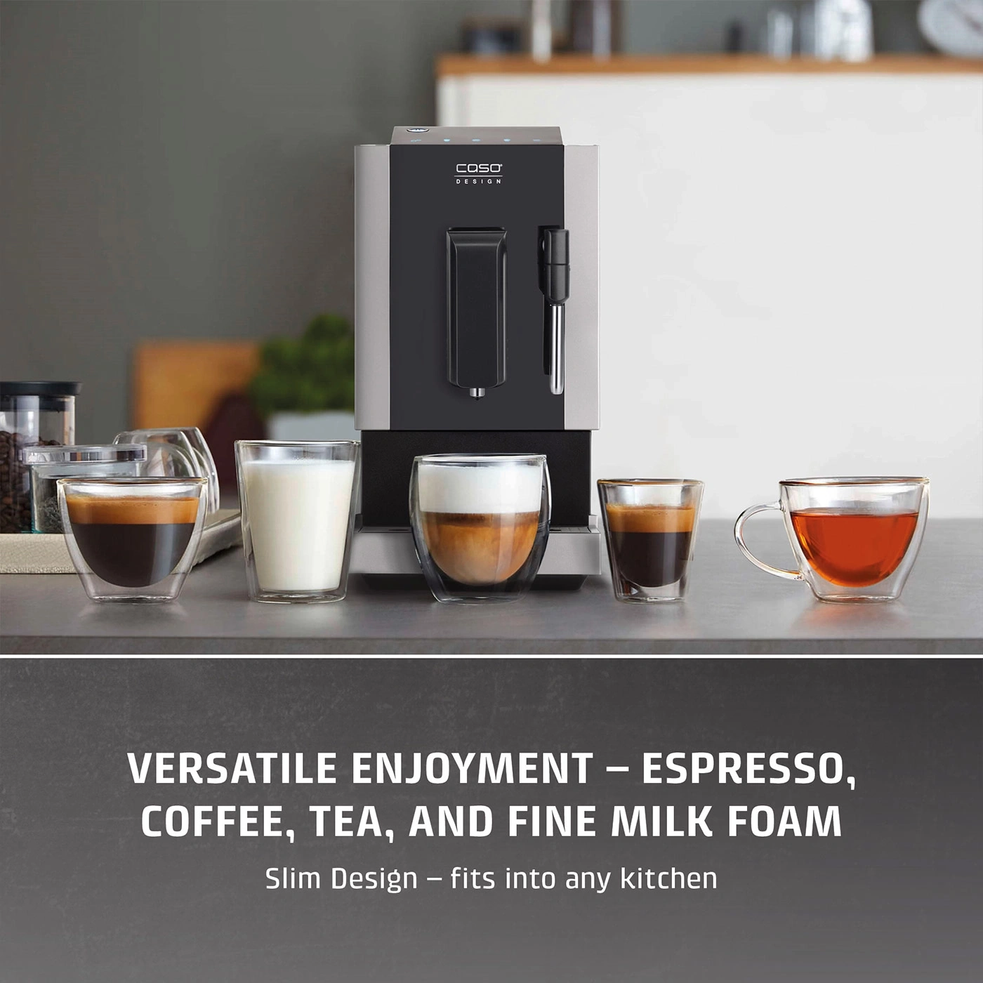 Coffee machine with slim design, 18 cm wide, 33.5 cm high, 42.5 cm deep.