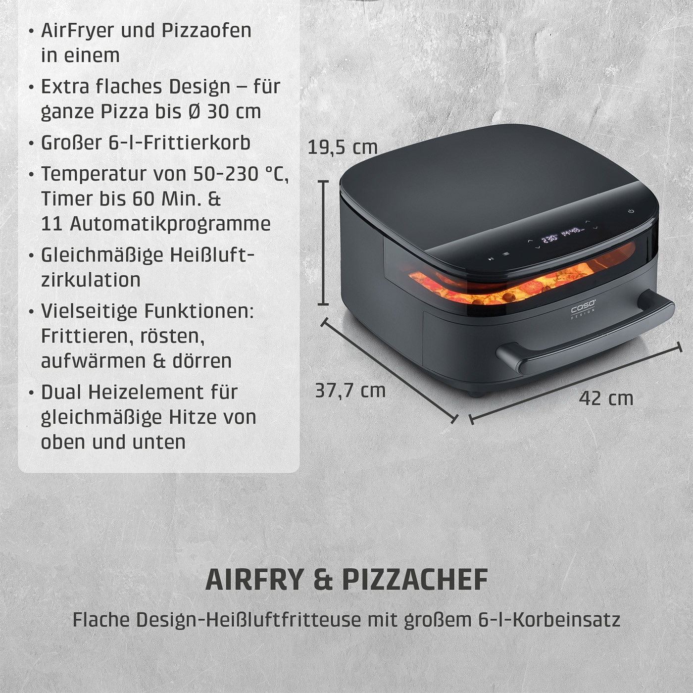 Dunkle Heißluftfritteuse mit flachem Design und Pizza bis 30cm Durchmesser.