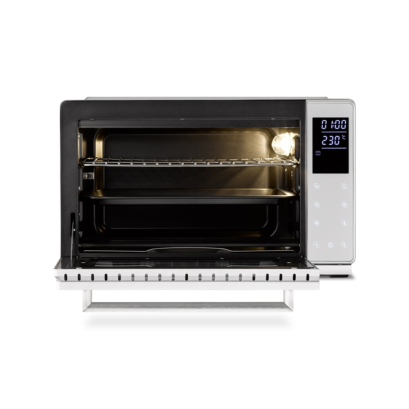 Oven with open door, interior, temperature display, cooking surface, white